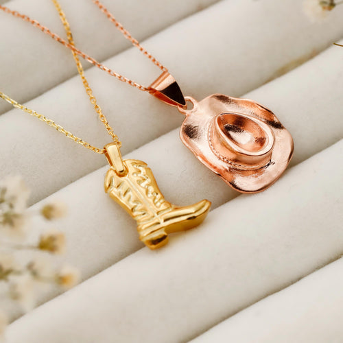 925 Sterling Silver Cowboy Hat & Boots Charm Necklace – Western Jewelry in Silver, Gold & Rose