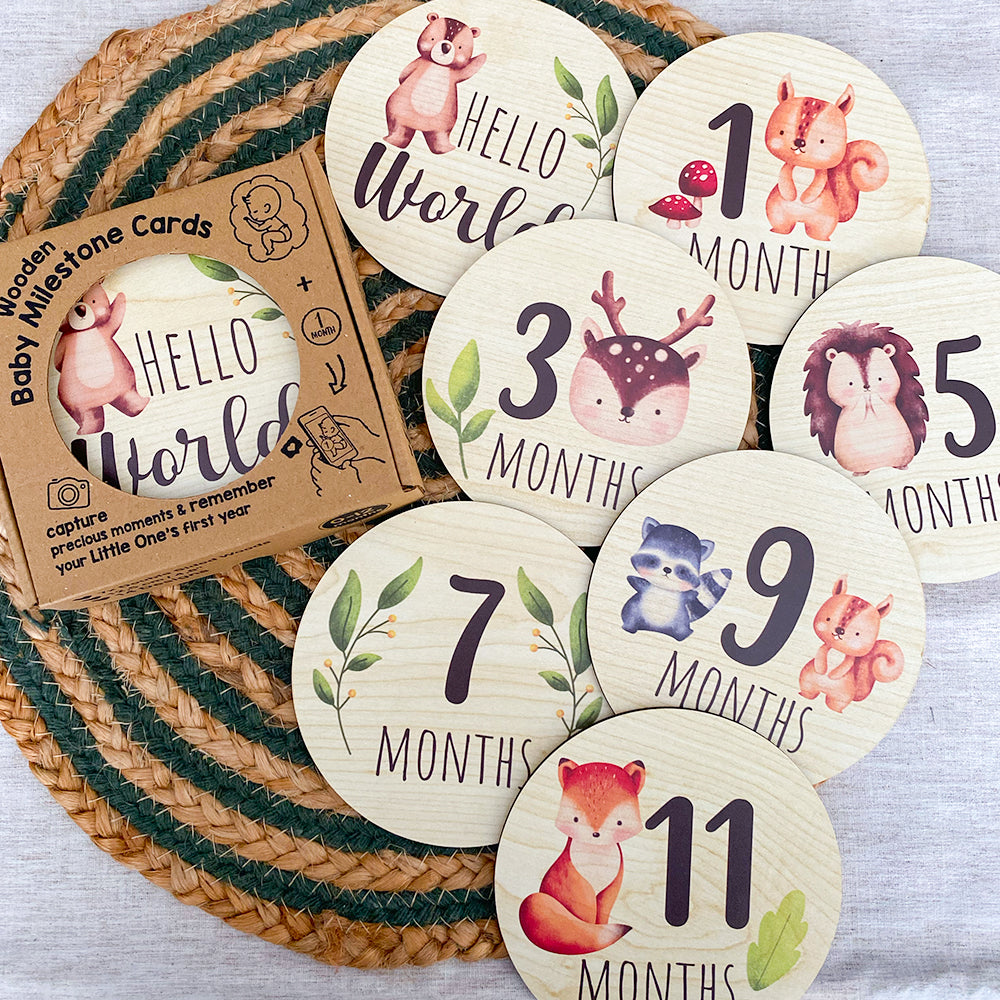 Woodland Animals Wooden Baby Milestone Disc Cards – Newborn Photo Prop & Shower Gift